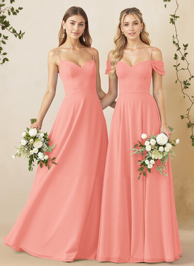 A-Line Sweetheart Detachable Sleeves Floor-Length Chiffon Bridesmaid Dresses