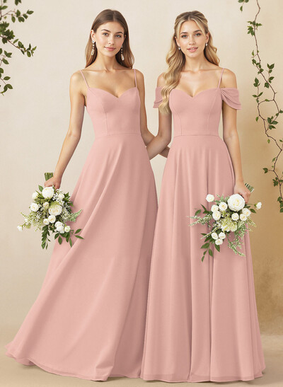 A-Line Sweetheart Detachable Sleeves Floor-Length Chiffon Bridesmaid Dresses