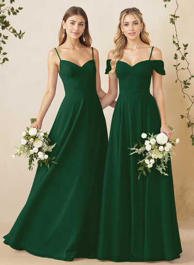 A-Line Sweetheart Detachable Sleeves Floor-Length Chiffon Bridesmaid Dresses