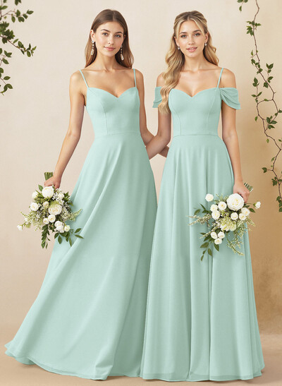 A-Line Sweetheart Detachable Sleeves Floor-Length Chiffon Bridesmaid Dresses