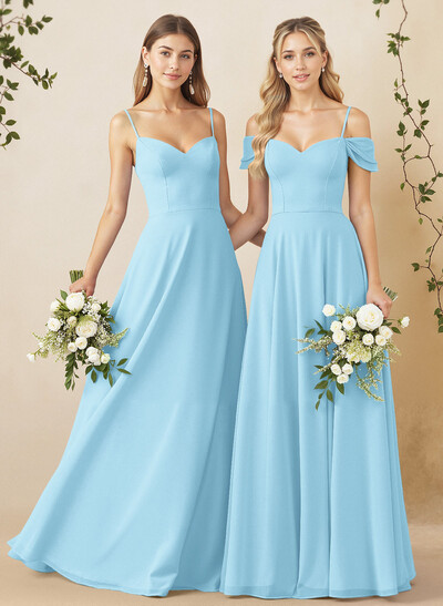 A-Line Sweetheart Detachable Sleeves Floor-Length Chiffon Bridesmaid Dresses