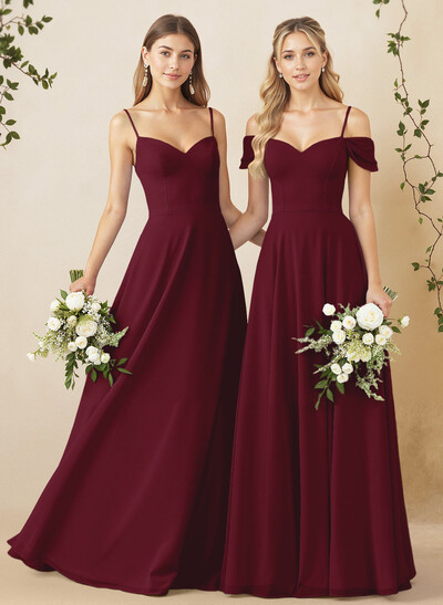 A-Line Sweetheart Detachable Sleeves Floor-Length Chiffon Bridesmaid Dresses