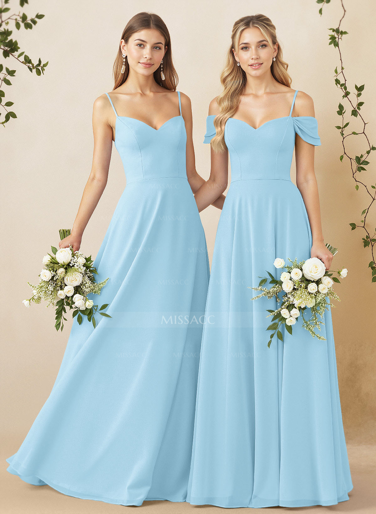 A-Line Sweetheart Detachable Sleeves Floor-Length Chiffon Bridesmaid Dresses