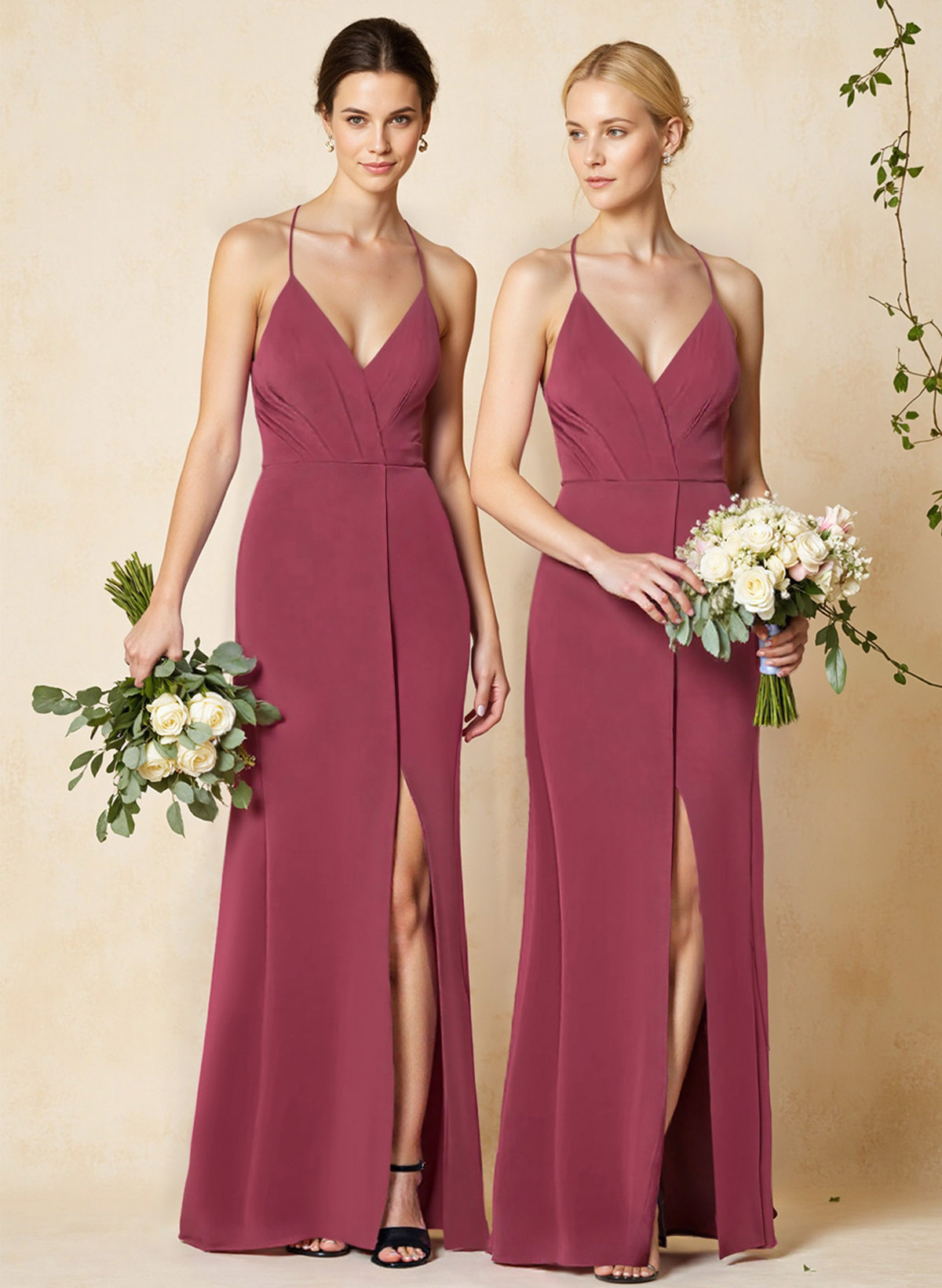 V-Neck Criss Cross Back Floor-Length Chiffon Bridesmaid Dresses With High Split
