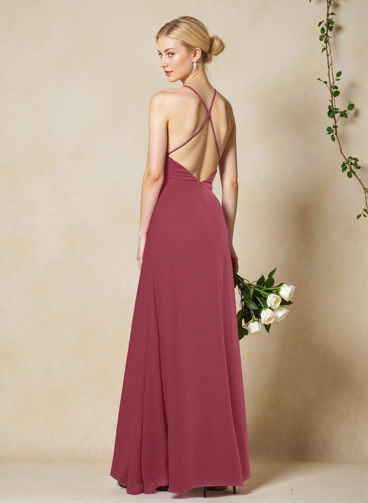 V-Neck Criss Cross Back Floor-Length Chiffon Bridesmaid Dresses With High Split