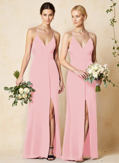 V-Neck Criss Cross Back Floor-Length Chiffon Bridesmaid Dresses With High Split
