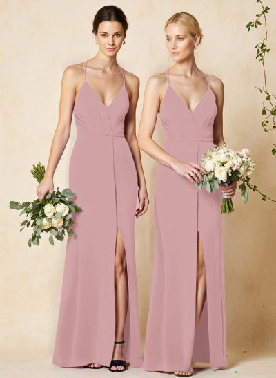 V-Neck Criss Cross Back Floor-Length Chiffon Bridesmaid Dresses With High Split
