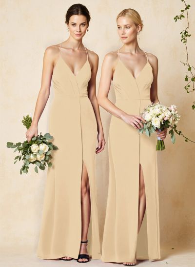 V-Neck Criss Cross Back Floor-Length Chiffon Bridesmaid Dresses With High Split