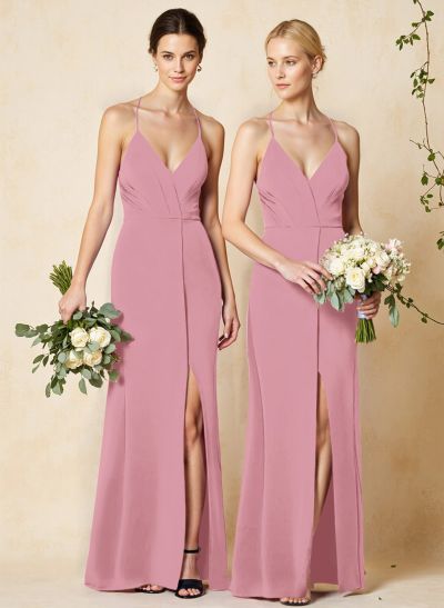 V-Neck Criss Cross Back Floor-Length Chiffon Bridesmaid Dresses With High Split