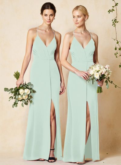 V-Neck Criss Cross Back Floor-Length Chiffon Bridesmaid Dresses With High Split