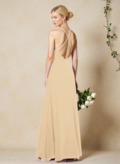 V-Neck Criss Cross Back Floor-Length Chiffon Bridesmaid Dresses With High Split