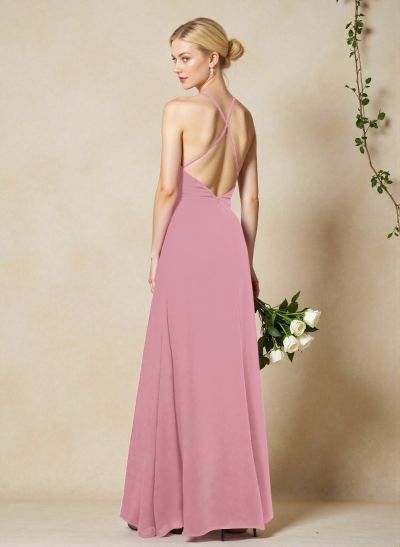 V-Neck Criss Cross Back Floor-Length Chiffon Bridesmaid Dresses With High Split
