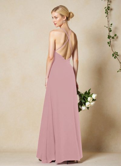 V-Neck Criss Cross Back Floor-Length Chiffon Bridesmaid Dresses With High Split
