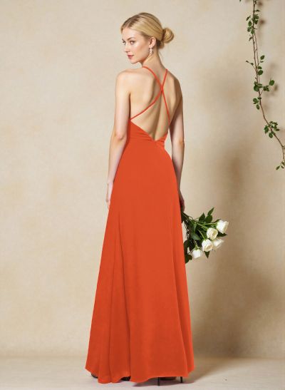 V-Neck Criss Cross Back Floor-Length Chiffon Bridesmaid Dresses With High Split