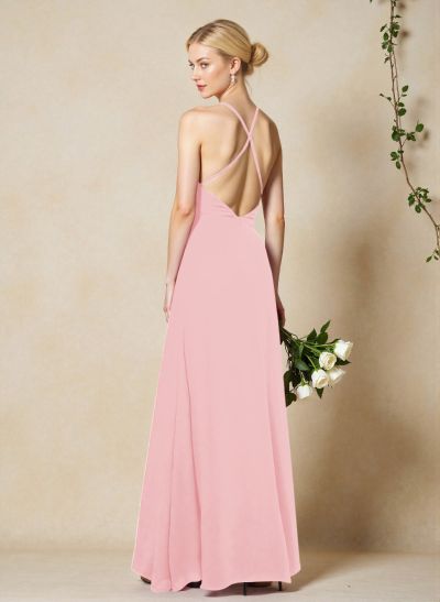 V-Neck Criss Cross Back Floor-Length Chiffon Bridesmaid Dresses With High Split