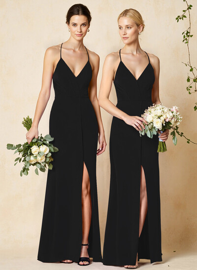 V-Neck Criss Cross Back Floor-Length Chiffon Bridesmaid Dresses With High Split