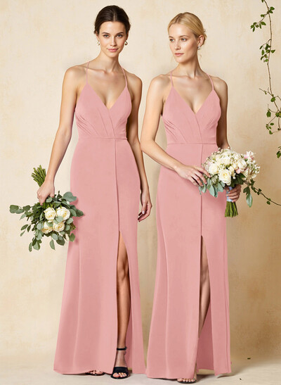 V-Neck Criss Cross Back Floor-Length Chiffon Bridesmaid Dresses With High Split
