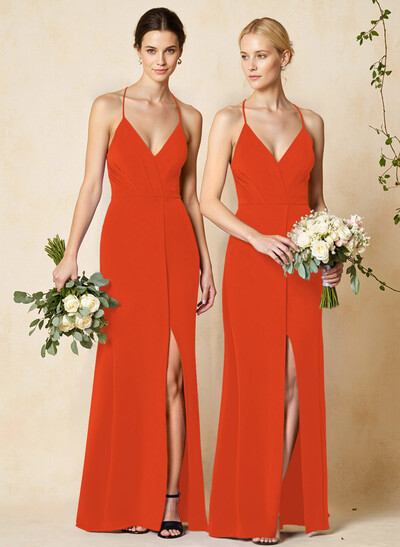 V-Neck Criss Cross Back Floor-Length Chiffon Bridesmaid Dresses With High Split