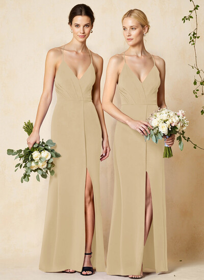 V-Neck Criss Cross Back Floor-Length Chiffon Bridesmaid Dresses With High Split
