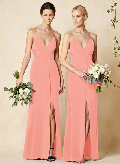 V-Neck Criss Cross Back Floor-Length Chiffon Bridesmaid Dresses With High Split