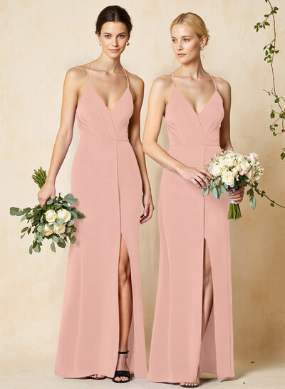 V-Neck Criss Cross Back Floor-Length Chiffon Bridesmaid Dresses With High Split