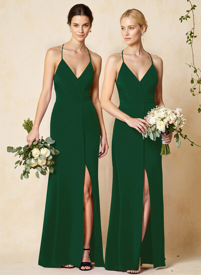 V-Neck Criss Cross Back Floor-Length Chiffon Bridesmaid Dresses With High Split