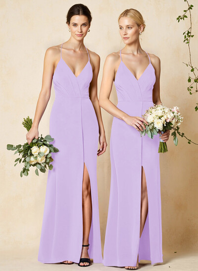 V-Neck Criss Cross Back Floor-Length Chiffon Bridesmaid Dresses With High Split
