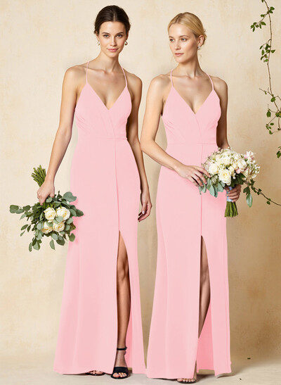 V-Neck Criss Cross Back Floor-Length Chiffon Bridesmaid Dresses With High Split