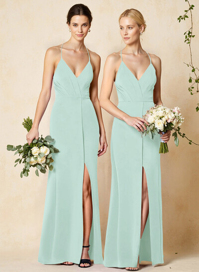 V-Neck Criss Cross Back Floor-Length Chiffon Bridesmaid Dresses With High Split