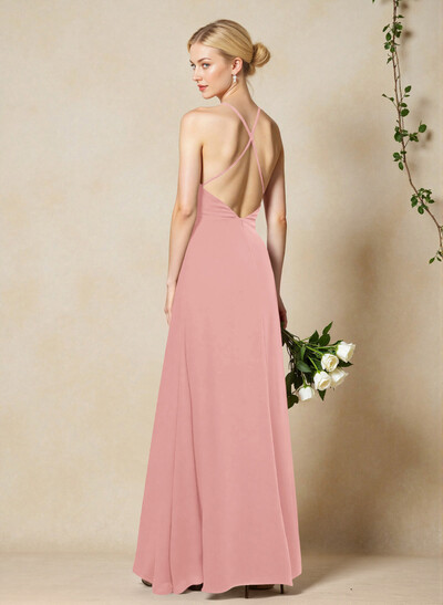 V-Neck Criss Cross Back Floor-Length Chiffon Bridesmaid Dresses With High Split