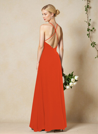 V-Neck Criss Cross Back Floor-Length Chiffon Bridesmaid Dresses With High Split