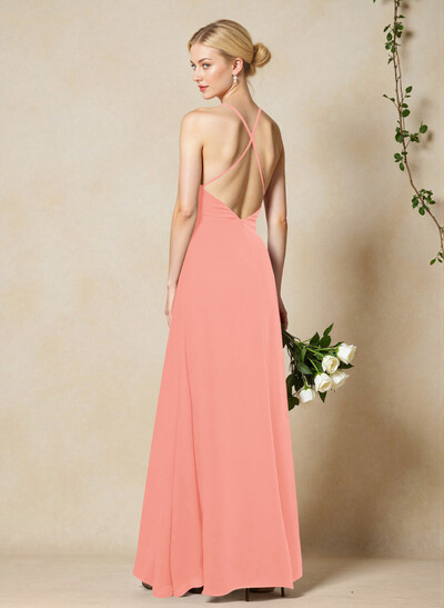 V-Neck Criss Cross Back Floor-Length Chiffon Bridesmaid Dresses With High Split