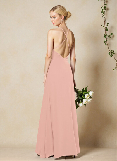 V-Neck Criss Cross Back Floor-Length Chiffon Bridesmaid Dresses With High Split