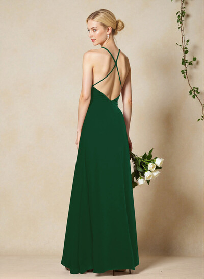 V-Neck Criss Cross Back Floor-Length Chiffon Bridesmaid Dresses With High Split