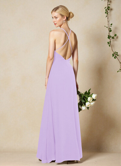 V-Neck Criss Cross Back Floor-Length Chiffon Bridesmaid Dresses With High Split