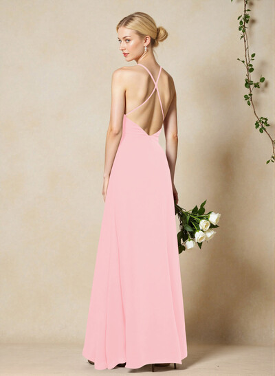 V-Neck Criss Cross Back Floor-Length Chiffon Bridesmaid Dresses With High Split