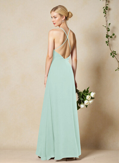 V-Neck Criss Cross Back Floor-Length Chiffon Bridesmaid Dresses With High Split