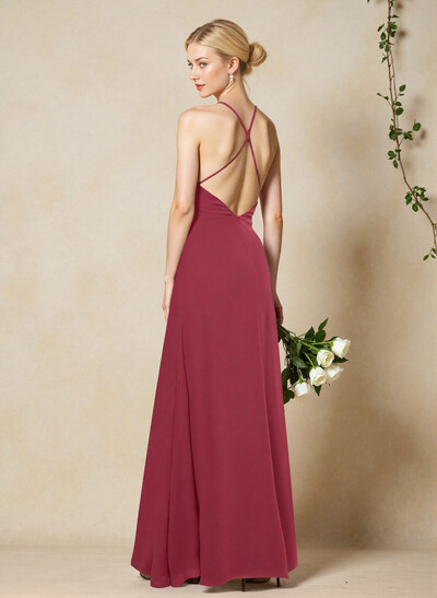 V-Neck Criss Cross Back Floor-Length Chiffon Bridesmaid Dresses With High Split