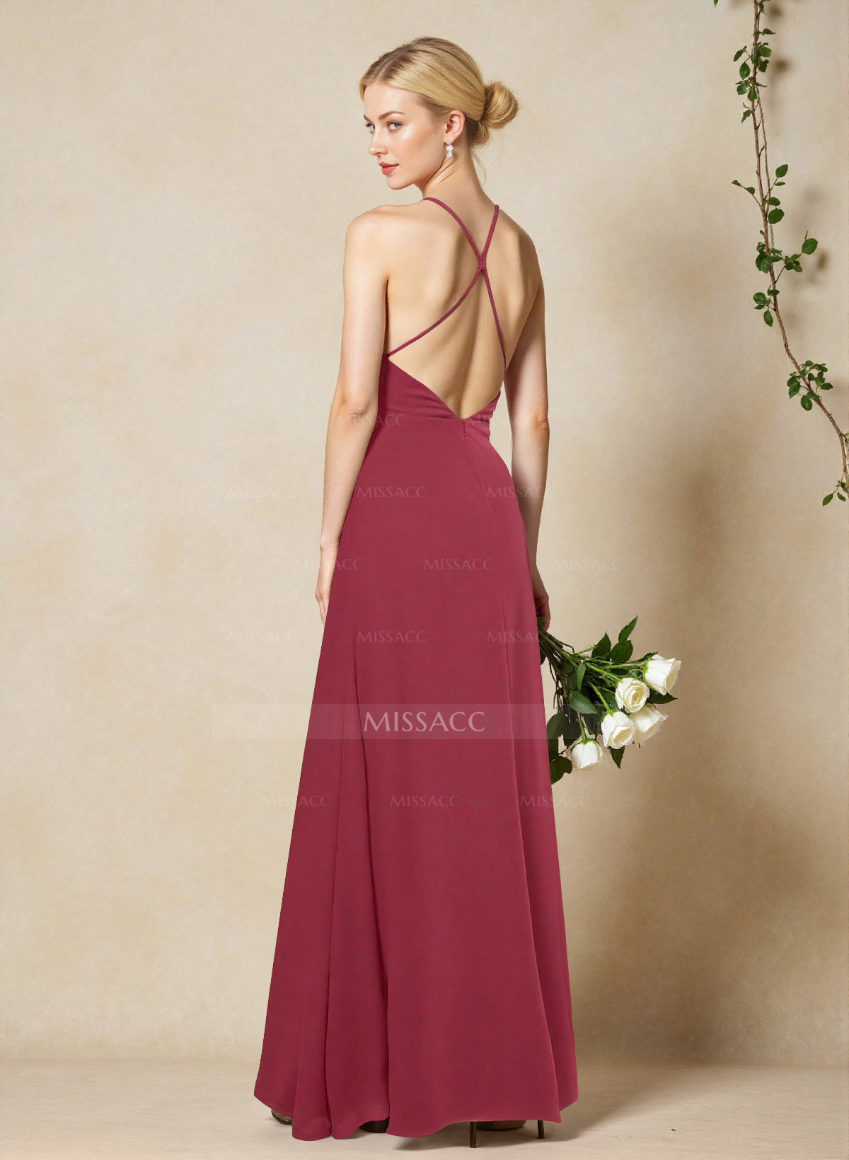 V-Neck Criss Cross Back Floor-Length Chiffon Bridesmaid Dresses With High Split