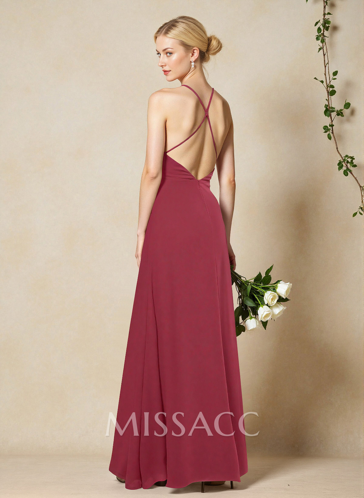 V-Neck Criss Cross Back Floor-Length Chiffon Bridesmaid Dresses With High Split V-Neck Criss Cross Back Floor-Length Chiffon Bridesmaid Dresses With High Split