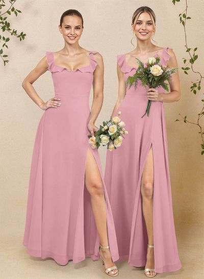 A-Line Square Neckline Floor-Length Chiffon Bridesmaid Dresses With High Split