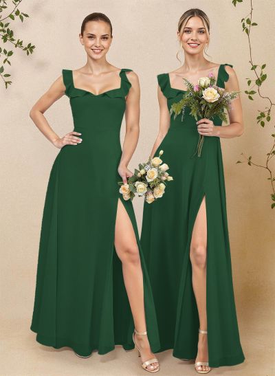 A-Line Square Neckline Floor-Length Chiffon Bridesmaid Dresses With High Split