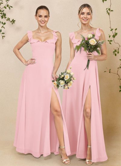 A-Line Square Neckline Floor-Length Chiffon Bridesmaid Dresses With High Split