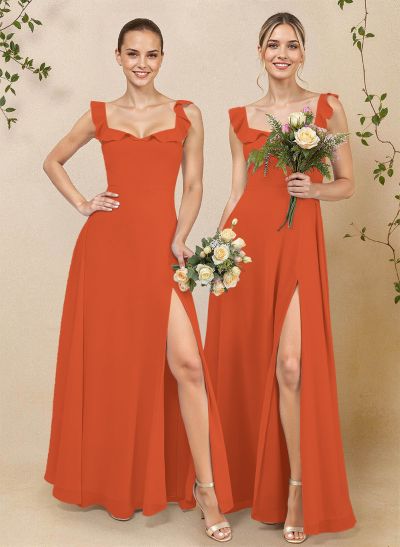 A-Line Square Neckline Floor-Length Chiffon Bridesmaid Dresses With High Split