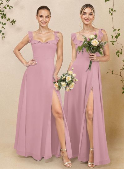 A-Line Square Neckline Floor-Length Chiffon Bridesmaid Dresses With High Split