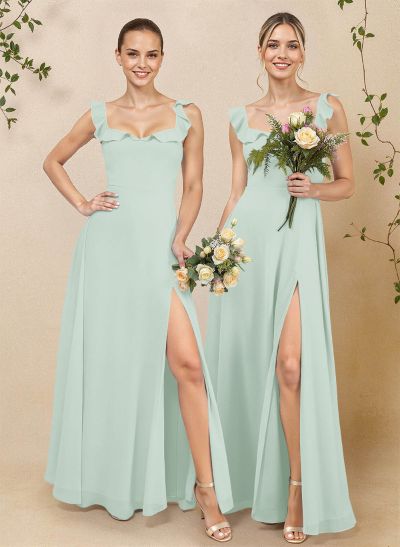 A-Line Square Neckline Floor-Length Chiffon Bridesmaid Dresses With High Split