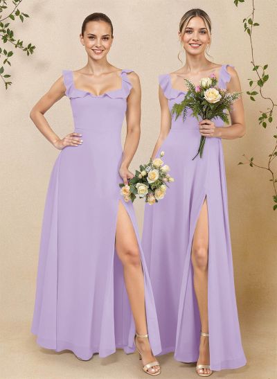 A-Line Square Neckline Floor-Length Chiffon Bridesmaid Dresses With High Split