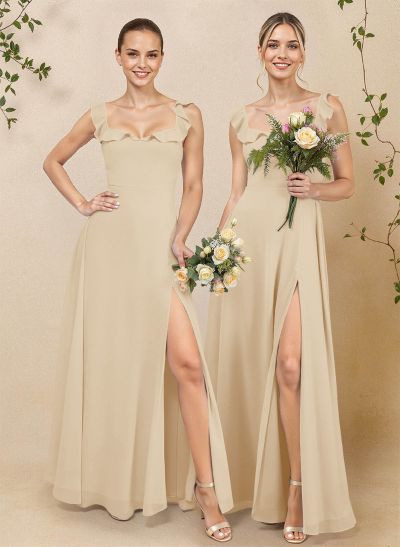 A-Line Square Neckline Floor-Length Chiffon Bridesmaid Dresses With High Split