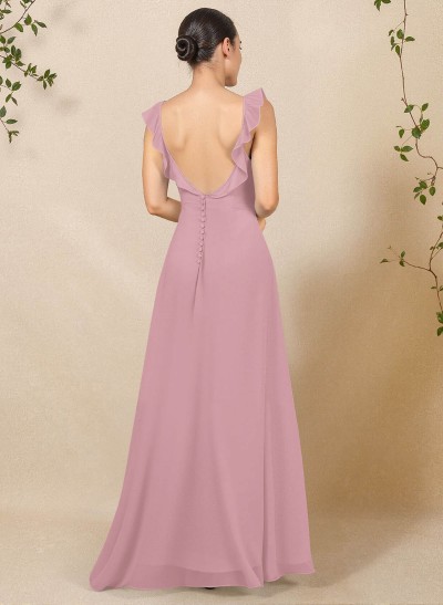 A-Line Square Neckline Floor-Length Chiffon Bridesmaid Dresses With High Split