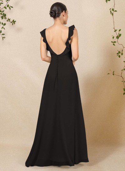 A-Line Square Neckline Floor-Length Chiffon Bridesmaid Dresses With High Split